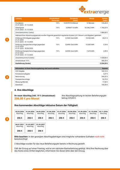 Musterbeispiel Jahresrechnung Seite 3 Gas - Privat