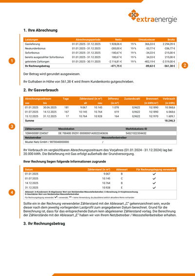 Musterbeispiel Jahresrechnung Seite 2 Gas - Privat