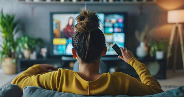 Person sitzend vor Fernsehr auf Sofa