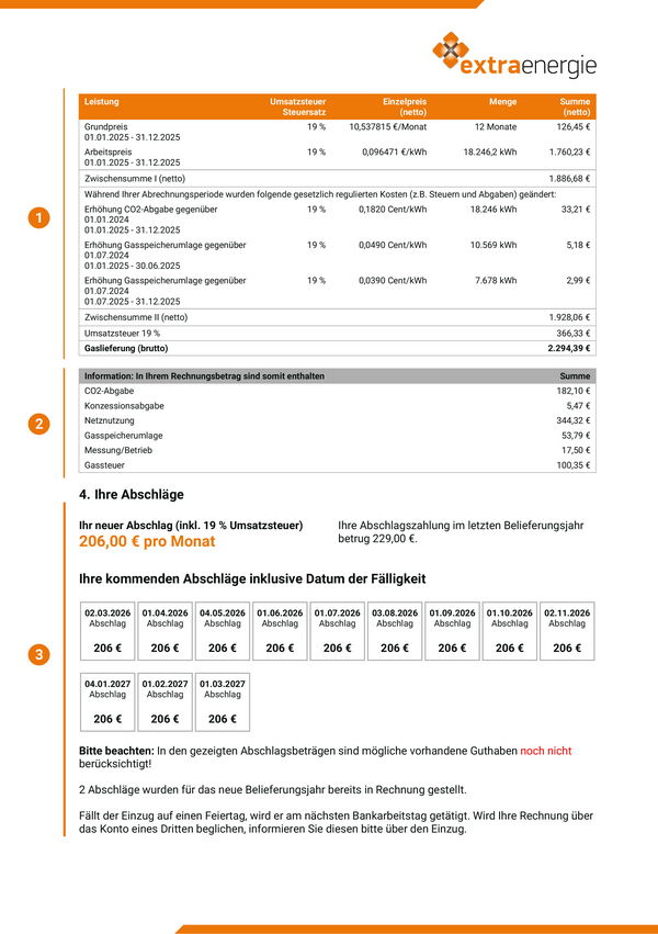 Musterbeispiel Jahresrechnung Seite 3 Gas - Privat