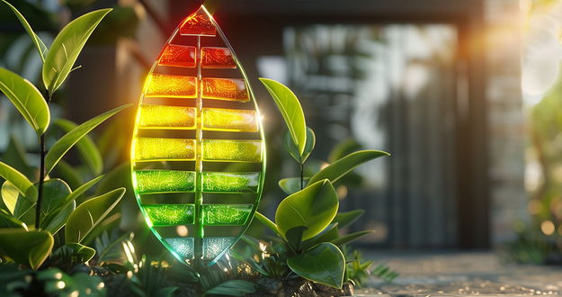 Energielabel dargestellt als Blatt und die farblichen Stufen des Energielabels